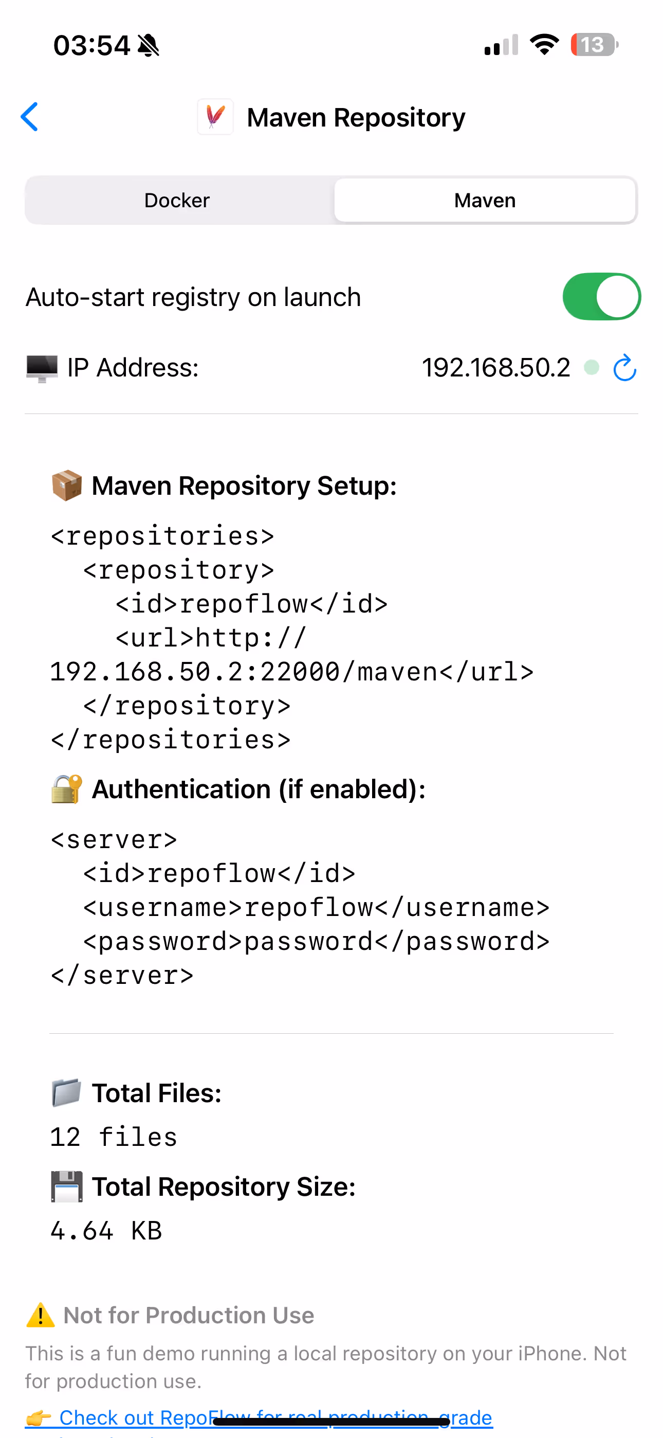 Screenshot of RepoFlow IOS app showing Maven repository running